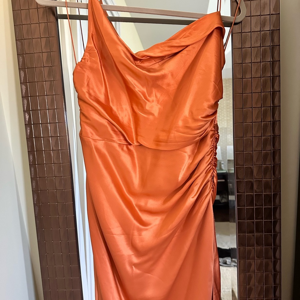 Orange Asymmetrical Ruched Slip Dress
